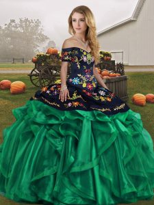 Top Selling Floor Length Green Ball Gown Prom Dress Organza Sleeveless Embroidery and Ruffles