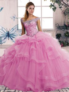 Fantastic Off The Shoulder Sleeveless Lace Up Quinceanera Gown Rose Pink Tulle