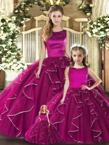 Glamorous Fuchsia Ball Gowns Scoop Sleeveless Tulle Floor Length Lace Up Ruffles Quinceanera Gown