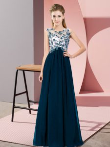 Admirable Beading and Appliques Bridesmaid Gown Navy Blue Zipper Sleeveless Floor Length