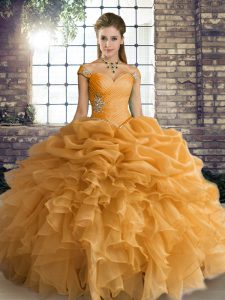 Fabulous Sleeveless Floor Length Beading and Ruffles and Pick Ups Lace Up 15 Quinceanera Dress with Orange
