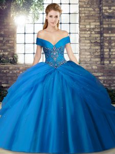 Blue Lace Up Off The Shoulder Beading and Pick Ups Quinceanera Gown Tulle Sleeveless Brush Train