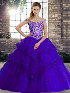 Sophisticated Purple Off The Shoulder Neckline Beading and Lace Vestidos de Quinceanera Sleeveless Lace Up