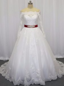 Wonderful White Long Sleeves Brush Train Beading and Lace and Belt Wedding Dresses