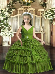 Eye-catching Sleeveless Floor Length Beading and Ruffled Layers Backless Pageant Dress Wholesale with Olive Green