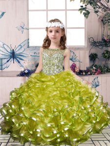 Olive Green Ball Gowns Beading and Ruffles Kids Formal Wear Lace Up Organza Sleeveless Floor Length