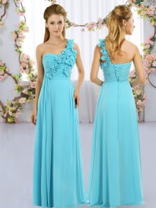 Sleeveless Chiffon Floor Length Lace Up Bridesmaids Dress in Aqua Blue with Hand Made Flower
