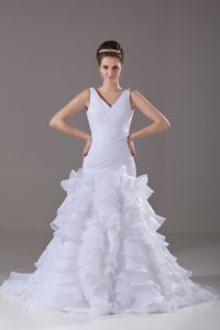 Delicate Organza Sleeveless Wedding Dresses Brush Train and Ruffled Layers