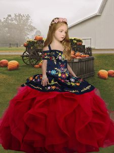 Beautiful Embroidery and Ruffles Pageant Dress for Girls Red Lace Up Sleeveless Floor Length