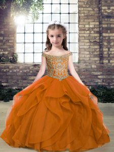 Floor Length Orange Kids Pageant Dress Off The Shoulder Sleeveless Lace Up