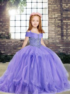 Simple Lavender Ball Gowns Off The Shoulder Sleeveless Taffeta and Tulle Floor Length Lace Up Beading Kids Pageant Dress