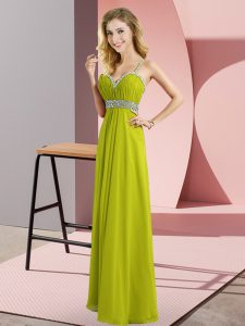 Romantic Olive Green Chiffon Criss Cross Prom Dress Sleeveless Floor Length Beading