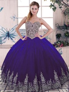 Beading and Embroidery 15 Quinceanera Dress Purple Lace Up Sleeveless Floor Length