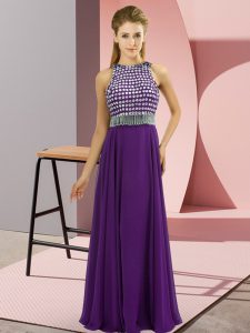 Simple Purple Scoop Side Zipper Beading Prom Party Dress Sleeveless