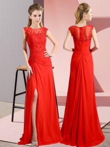 Comfortable Scoop Sleeveless Zipper Prom Party Dress Red Chiffon