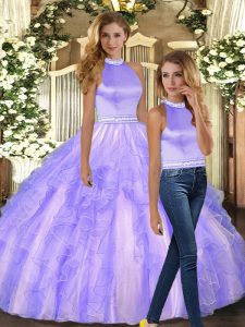 Great Lavender Sweet 16 Quinceanera Dress Sweet 16 and Quinceanera with Ruffles Halter Top Sleeveless Backless