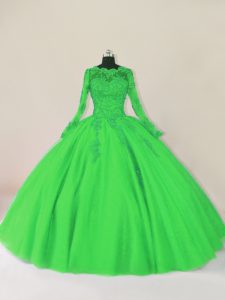 Glorious Green Zipper Scalloped Lace Quince Ball Gowns Tulle Long Sleeves