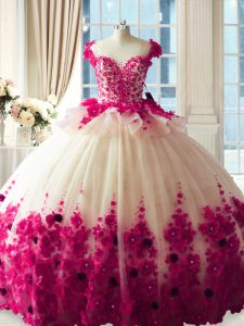 Zipper 15th Birthday Dress Fuchsia for Sweet 16 and Quinceanera with Hand Made Flower Brush Train