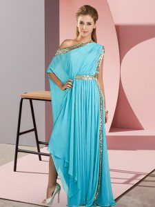 Aqua Blue Empire Sequins Pageant Dress for Teens Side Zipper Chiffon Sleeveless Asymmetrical
