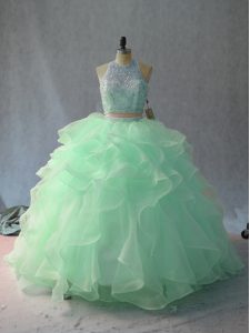 Apple Green and Pink And White Organza Backless Halter Top Sleeveless Floor Length Quince Ball Gowns Beading and Ruffles