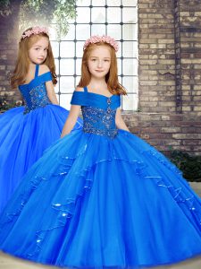 Sleeveless Floor Length Beading Lace Up Girls Pageant Dresses with Blue