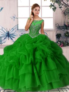 Luxury Green Zipper Sweet 16 Quinceanera Dress Beading and Pick Ups Sleeveless Brush Train