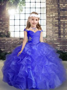 Perfect Blue Organza Lace Up Straps Sleeveless Floor Length Kids Pageant Dress Beading and Ruffles and Ruching