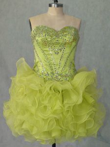 Organza Sweetheart Sleeveless Lace Up Beading and Ruffles Prom Gown in Yellow Green