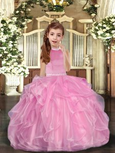 Floor Length Baby Pink Little Girls Pageant Gowns Organza Sleeveless Beading and Ruffles