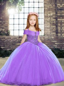 Lavender Ball Gowns Straps Sleeveless Tulle Brush Train Lace Up Beading Child Pageant Dress