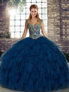 Blue Organza Lace Up Straps Sleeveless Floor Length Quince Ball Gowns Beading and Ruffles