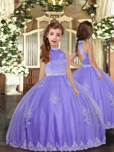 Latest Lavender Backless High-neck Appliques Kids Pageant Dress Tulle Sleeveless