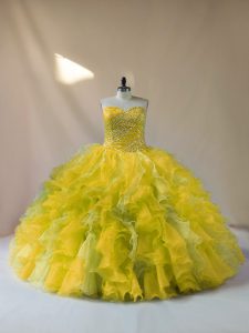 Multi-color Organza Lace Up Ball Gown Prom Dress Sleeveless Floor Length Beading and Ruffles