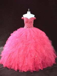 Floor Length Hot Pink Quinceanera Dresses Off The Shoulder Sleeveless Lace Up