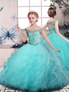 Beading and Ruffles Pageant Gowns For Girls Aqua Blue Lace Up Sleeveless Floor Length