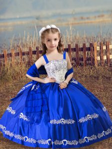 Graceful Floor Length Royal Blue Pageant Dress Toddler Satin Sleeveless Beading and Embroidery