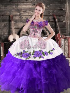 Spectacular Ball Gowns Quince Ball Gowns Purple Off The Shoulder Organza Sleeveless Floor Length Lace Up