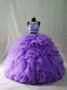 Custom Fit Lavender Sleeveless Floor Length Beading and Ruffles Zipper Sweet 16 Quinceanera Dress