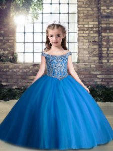 Tulle V-neck Sleeveless Lace Up Beading Pageant Dress Toddler in Blue