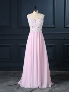 Custom Design Cap Sleeves Floor Length Beading and Lace Backless Dress for Prom with Baby Pink