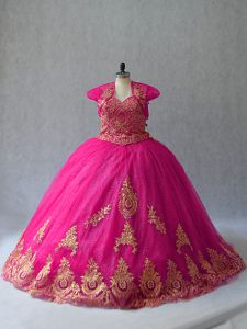 Latest Hot Pink Ball Gowns Tulle Sweetheart Sleeveless Appliques Lace Up Sweet 16 Dresses Court Train