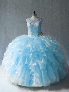 Customized Scoop Sleeveless Lace Up 15th Birthday Dress Blue Organza