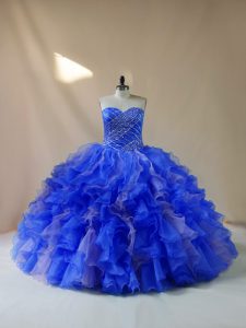 Elegant Royal Blue Lace Up Sweetheart Beading and Ruffles Quinceanera Dress Organza Sleeveless