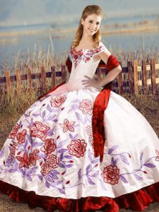 Amazing White And Red Ball Gowns Embroidery and Ruffles Ball Gown Prom Dress Lace Up Satin Sleeveless Floor Length