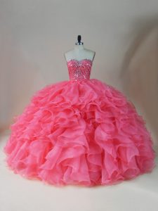Floor Length Zipper Quinceanera Gowns Pink for Sweet 16 and Quinceanera with Beading and Ruffles