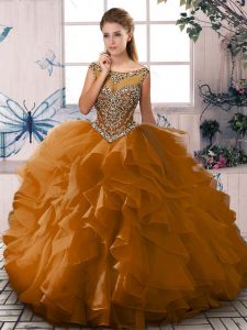 Ball Gowns Ball Gown Prom Dress Brown Scoop Organza Sleeveless Floor Length Lace Up