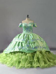 Dazzling Yellow Green Ball Gowns Embroidery and Ruffles 15 Quinceanera Dress Lace Up Organza Sleeveless