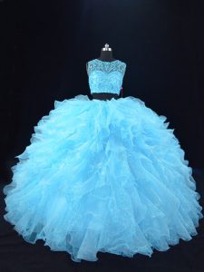 Aqua Blue Zipper 15 Quinceanera Dress Beading and Ruffles Sleeveless Floor Length