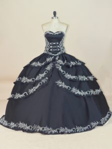 Colorful Black Ball Gowns Satin Sweetheart Sleeveless Embroidery Floor Length Lace Up Quinceanera Gowns