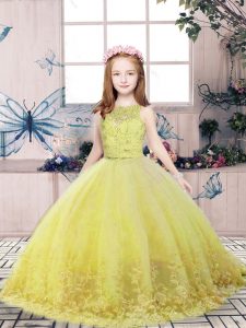 Yellow Green Scoop Backless Lace and Appliques Girls Pageant Dresses Sleeveless